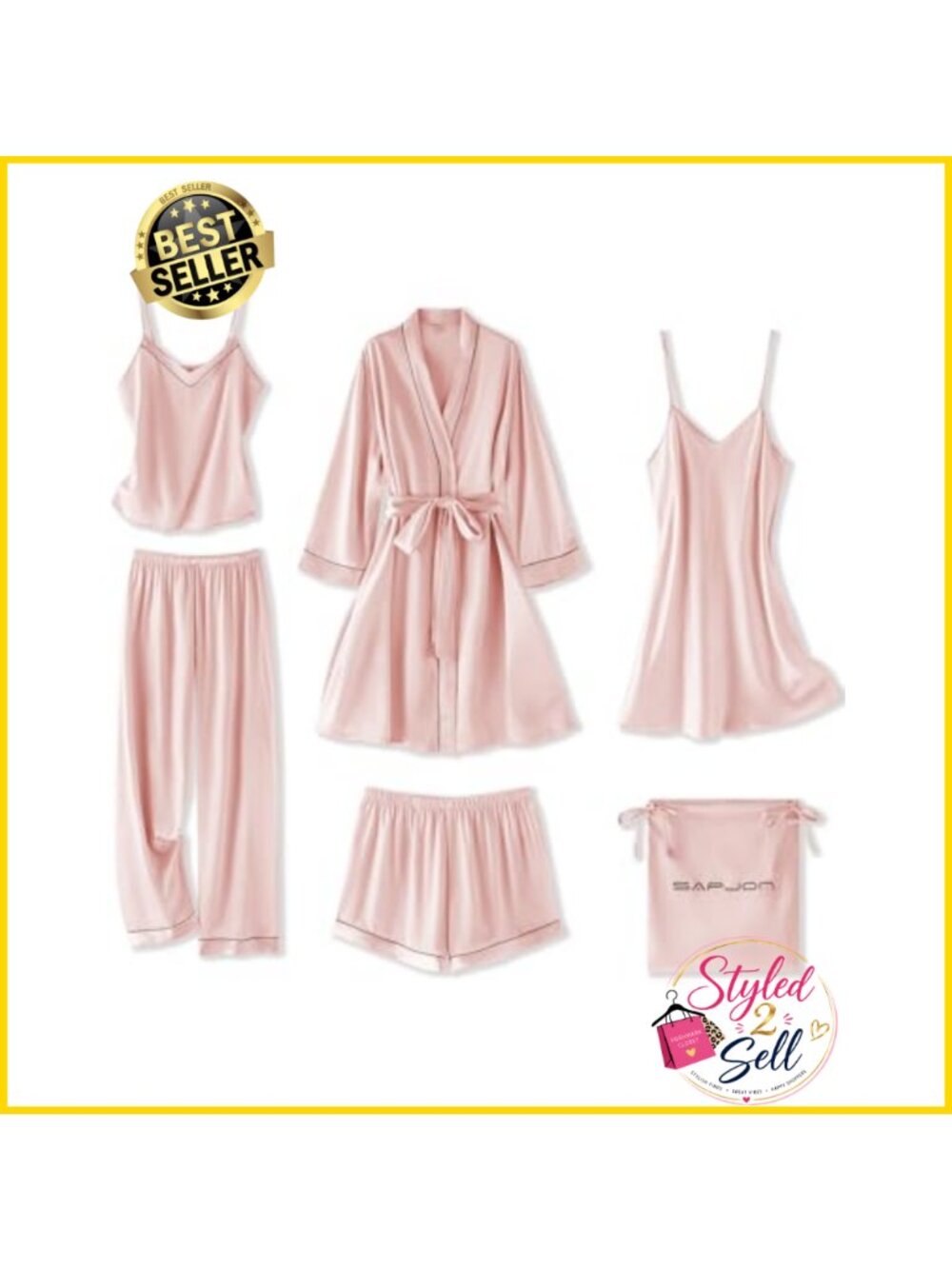 Silk Satin 6-Piece Pajama Set Robe Nightgown Cami Sleepwear Loungewear